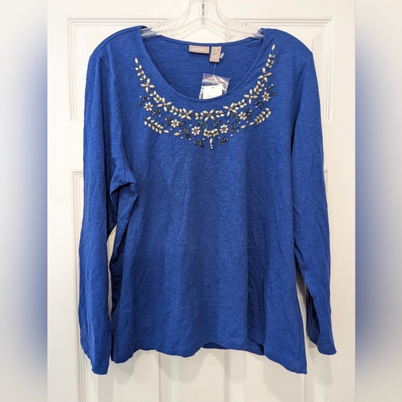 Chico's Tops - NWT Chico's blue Victoria beading top pullover shirt rhinestone office size 3/XL